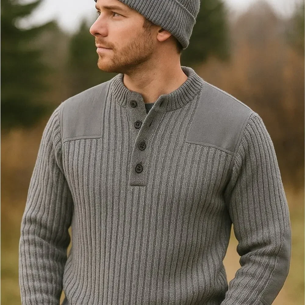 L.L.Bean Men’s Commando Henley Sweater L Gray Merino Lambswool Patches F237